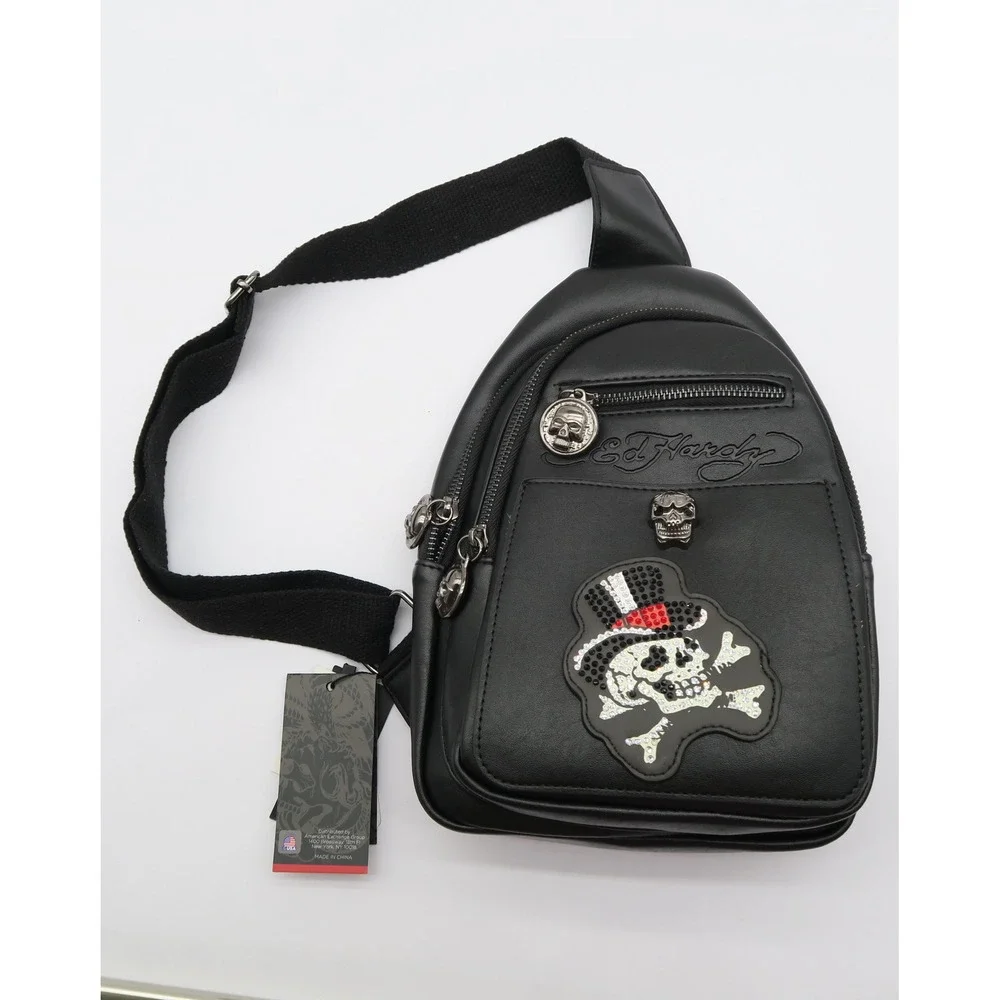 Ed Hardy Mens Black Faux Leather Rhinestone Skull Sling Bag Crossbody Backpack